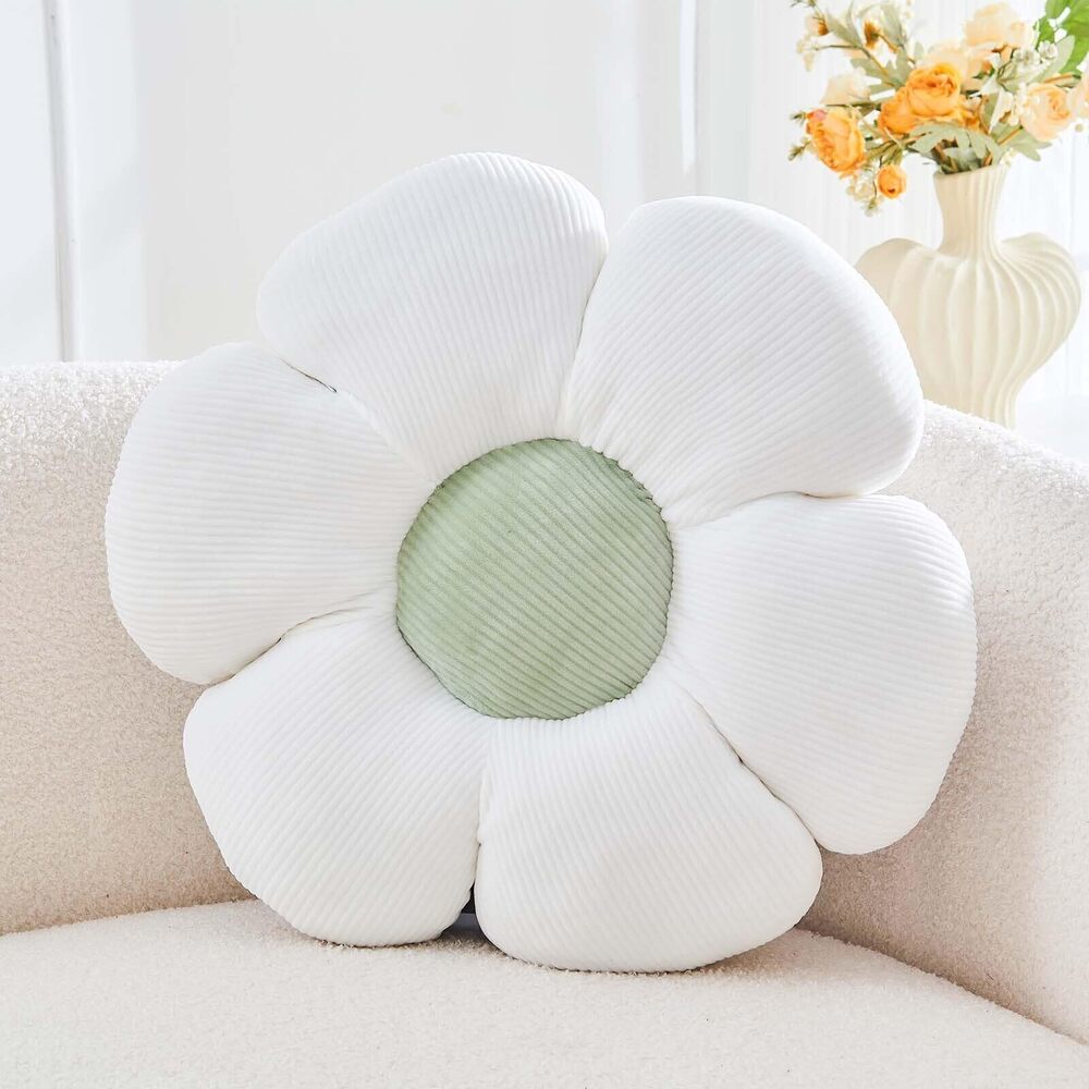 8481 White Flower Pillow, 17.7" Cute Flower Shaped Floor Pillow, Aesthetic